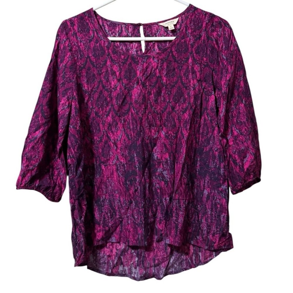 Sonoma 3/4 Sleeve Blouse Top Women Size Small Lightweight Colorful Rayon Buttons